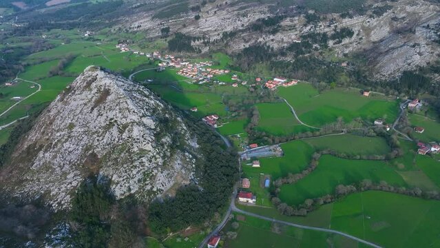 Mount Punishment in the surroundings of San Miguel de Aras in the municipality of Voto. Aerial view from a drone. Aras Valley, Cantabria, Spain, Europe