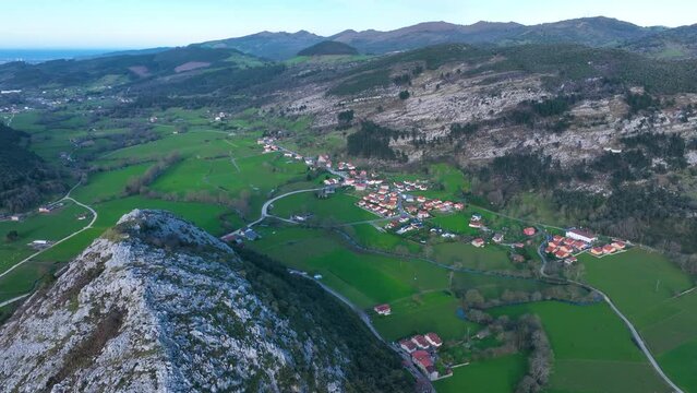 Mount Punishment in the surroundings of San Miguel de Aras in the municipality of Voto. Aerial view from a drone. Aras Valley, Cantabria, Spain, Europe