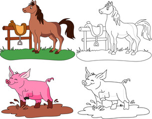 vector drawing of a cartoon horse and pig, for coloring book.