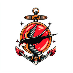 swallow and anchor tattoo vector design