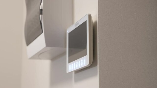 Apartment video intercom system, video doorbell with camera and monitor. Monitoring, unlock. High quality 4k footage
