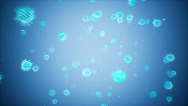 Virus moving in the artery bloodstream. Microscopic virus cells particles flowing on blue background. Blood elements. Scientific medical researchs, analyses. 3d render
