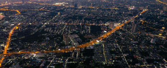 aerial view cityscape concept or abstract of advanced innovation, Majestic sunset or sunrise landscape of City scape and Business District, financial technology, energy power	
