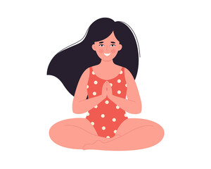 Woman meditating in swimsuit. Healthy lifestyle, yoga, relax, breathing exercise. Hello summer. Hand drawn vector illustration