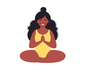 Black woman meditating in swimsuit. Healthy lifestyle, yoga, relax, breathing exercise. Hello summer. Hand drawn vector illustration
