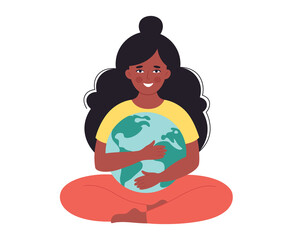 Black woman hugging Earth globe. Earth Day, saving planet, nature protect, ecological awareness concept. Hand drawn vector illustration