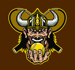 viking mascot holding tennis ball with crossed racquets for school, college or league