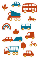 8 cartoon vehicles: passenger cars, trailer, buses, trucks, bikes and plants, rainbow. Vector isolated children illustration for puzzle, print, kids room decor, stickers, cards, creating road maps.