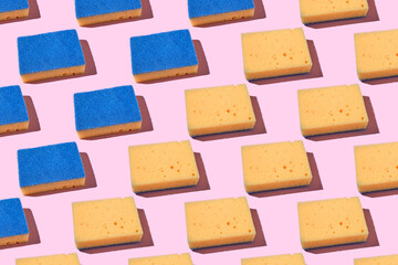 pattern made with blue and yellow sponge for washing dishes, blue household cleaning sponge, sponges for washing dishes and other domestic needs.