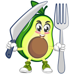 avocado cute cartoon mascot illustration vector with knife and fork