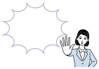 手の平を前に出して拒否する若い女性と吹き出し