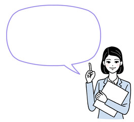 ファイルを持って説明する若い女性と吹き出し