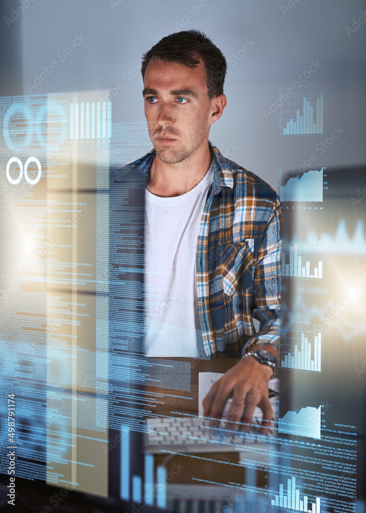 Leinwandbilder Code is his second language. Shot of a young programmer working at his computer with an overlay of computer graphics.