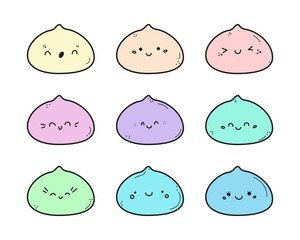 Cute mochi icon vector set. Cartoon pastel color characters with kawaii faces. Japanese sweet rice dessert in doodle style. Mochi logo illustration isolated on white background