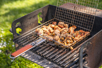 Pork skewers and mushrooms are cooked over an open fire. 