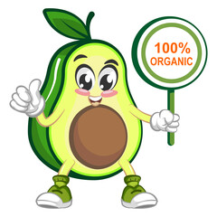 avocado cute cartoon mascot illustration vector with a sign that says 100% organic