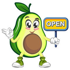 avocado cute cartoon mascot illustration vector with a sign that says open