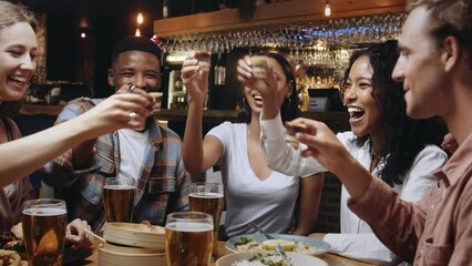 Group of multi-ethnic friends clinking shot glasses and taking a shot. - Powered by Adobe