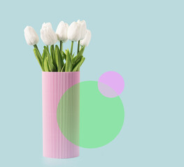 Retro artistic background with tulips in a vase and circular elements. Retro wave springtime minimal background.