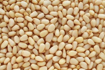 A pile of raw shelled pine nuts arranged randomly. View from above. Closeup
