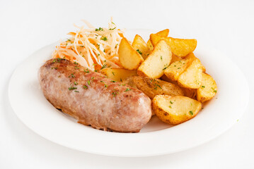 sausage with fried potatoes and salad