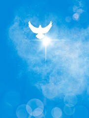 Banner azzurro con colomba bianca e croce raggiante. Pentecoste. Natale. Pasqua. - 498792598