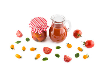 Tomatoes, juice and vegetable preserves isolated on white background.