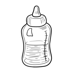 Baby bottle with pacifier. Isolated on white background. Milk bottle sketch. Doodle. Vector icon.