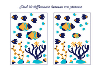 Find 10 differences. Educational game for children. Underwater sea world. Cartoon vector illustration.