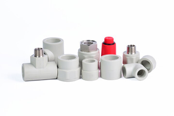 Plumbing fixtures and piping parts plastic fittings isolated on a white background