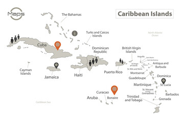 Caribbean Islands map, individual island with names, Infographics and icons vector