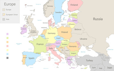 Map of Europe with European Union and parts of Asia divided to separates states vector
