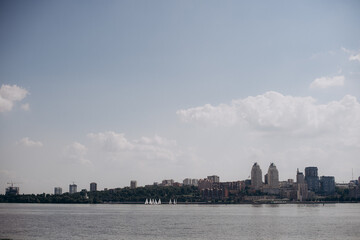 view of the right bank of the city Dnipro Ukraine at sunset