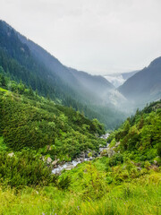Fototapeta na wymiar Mountain landscape river and fog in the valley