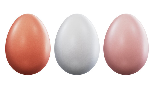 Realistic 3D illustration of three different types of raw chicken eggs isolated on white