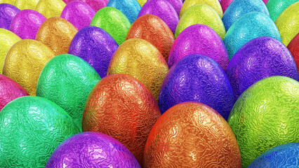 Realistic 3D illustration of the textured colorful foiled Easter eggs