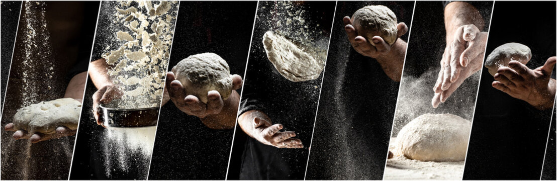 flying pizza dough with flour scattering in a freeze motion of a cloud of flour midair on black. Cook hands kneading dough. Long banner format, copy space