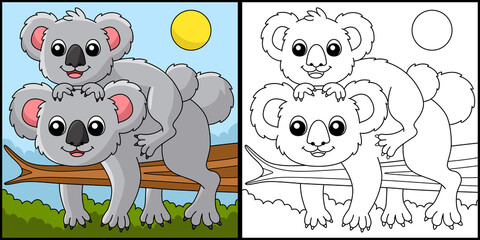 Koala With A Baby Coloring Page Illustration
