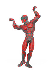 Fototapeta premium super hero is doing a dynamic bodybuilder pose in an exosuit