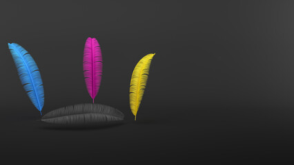 Set of colorful feathers with CMYK color on grey background with copy space to insert text, graphic design concept, 3D illustration