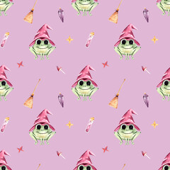 Obraz premium Seamless watercolor pattern with Halloween elements, a frog in a witch's hat, a magic amulet, a broom. Festive pattern for design, printing, postcards, fabrics, gifts