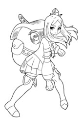 Coloring book for adults. A cute anime girl with a big backpack on her back. A large scroll of paper behind his back, high boots.