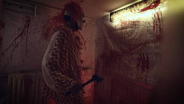 Creepy clown maniac goes crazy in his bloody lair