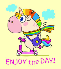 Enjoy the day card with cute unicorn on scooter 