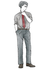 腕まくりをしてネクタイに手を掛ける笑顔の男性の、マンガ風手描き水彩イラスト（クールビズ等に）