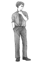 腕まくりをしてネクタイに手を掛ける笑顔の男性の、マンガ風手描き水彩イラスト（モノクロ）