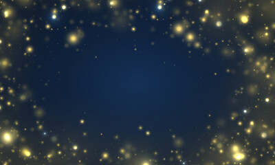 Fototapeta na wymiar Blue lights bokeh, golden sparkles background.