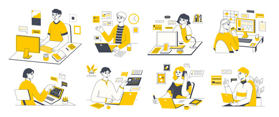 Freelance creative workers, distant freelancers during workflow. Remote office workers, freelancer work with computer vector symbols illustrations set. Freelance busy employee