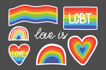 Vector set of lgbt rainbow icons and symbols. Stripes on jackets, stickers, badges, printing on bags. Hand drawing rainbow heart shape, lettering text lgbt, happy pride day, fridge magnets.