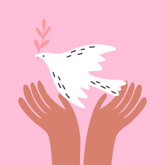 Dove of Peace bird hand cartoon style. International Day of Peace, traditionally celebrated annually. Peace in the world concept, nonviolence vector.